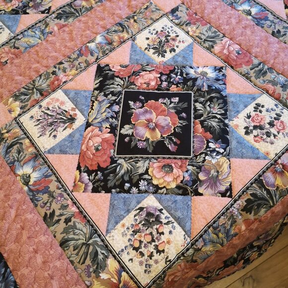 Handmade Lap Quilt Quilted Tablecloths Quilted Couch Throw Pink Poppies Pansies - Picture 4 of 8
